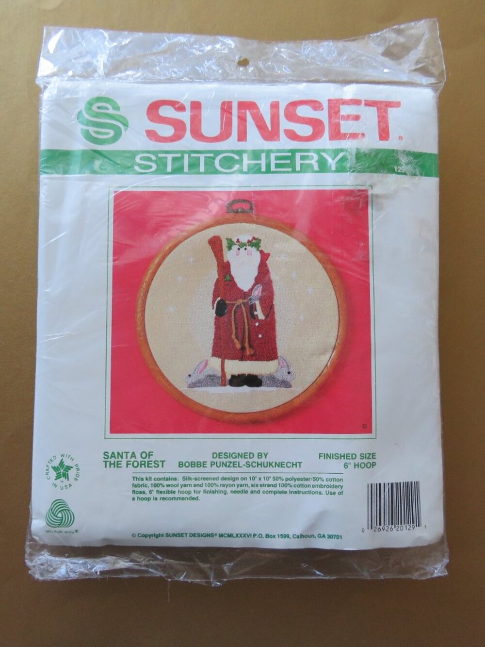 Santa of the Forest Sunset Designs Stitchery Vintage Kit with 6" Hoop, 1986